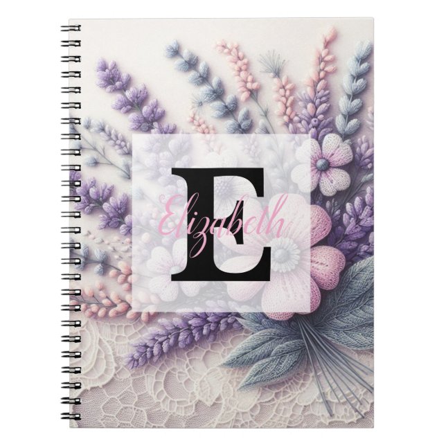 Monogram lace floral pink purple lavender  notebook (Front)