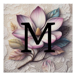Monogram lace floral pink purple magnolia flower poster