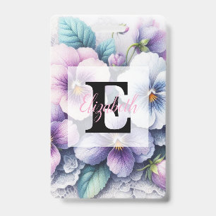 Monogram lace floral pink purple pansies flowers ID badge