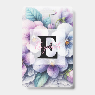 Monogram lace floral pink purple pansies flowers  ID badge