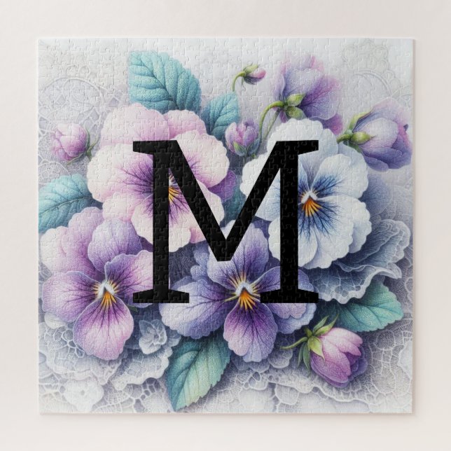 Monogram lace floral pink purple pansies flowers  jigsaw puzzle (Vertical)