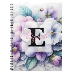 Monogram lace floral pink purple pansies flowers  notebook