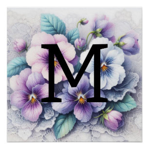 Monogram lace floral pink purple pansies flowers poster