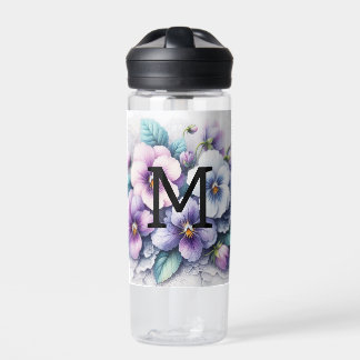 Monogram lace floral pink purple pansies flowers  water bottle
