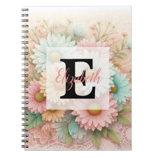 Monogram lace floral pink white blue daisies  notebook
