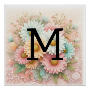 Monogram lace floral pink white blue daisies  poster
