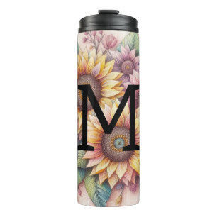 Monogram lace floral pink yellow orange sunflowers thermal tumbler