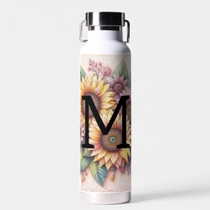 Monogram lace floral pink yellow orange sunflowers water bottle