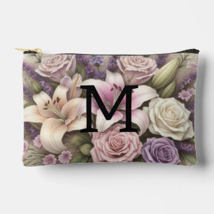 Monogram lace floral purple roses lavender lilies accessory pouch
