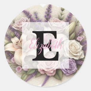 Monogram lace floral purple roses lavender lilies classic round sticker