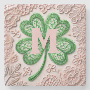 Monogram lace green shamrock St Patrick's day  Stone Coaster