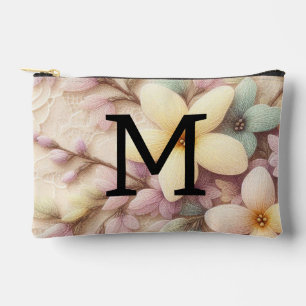 Monogram lace pink and yellow Spring flowers Accessory Pouch