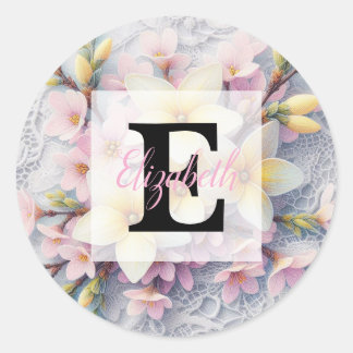 Monogram lace pink and yellow Spring flowers  Classic Round Sticker