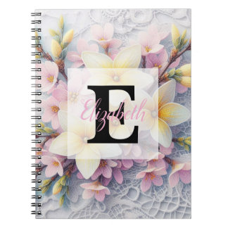 Monogram lace pink and yellow Spring flowers  Notebook
