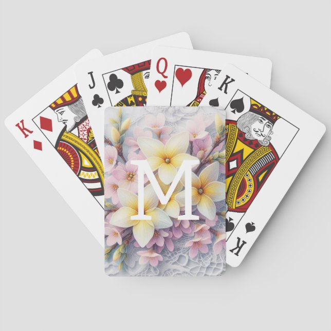 Monogram lace pink and yellow Spring flowers  Playing Cards (Back)
