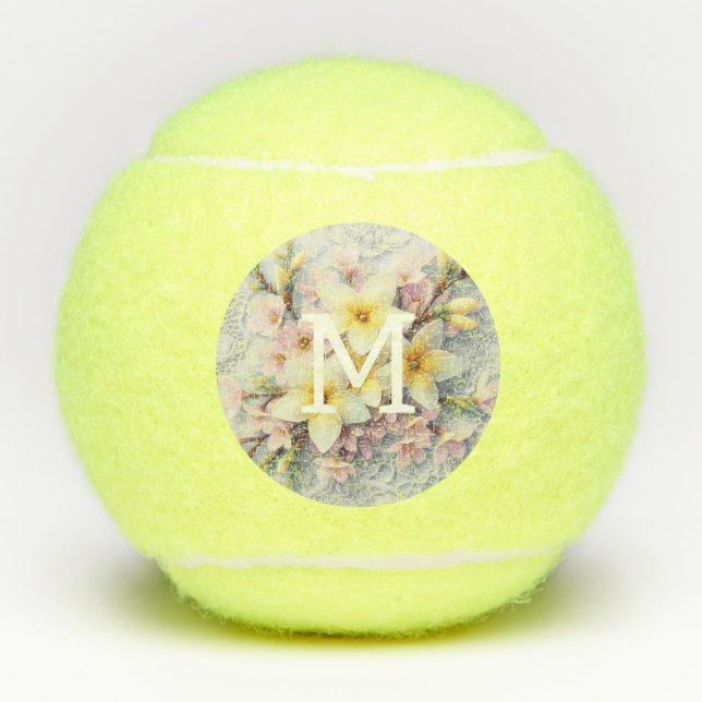 Monogram lace pink and yellow Spring flowers  Tennis Balls (Front)