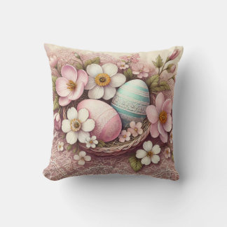 Monogram lace pink floral Easter eggs in a basket  Cushion
