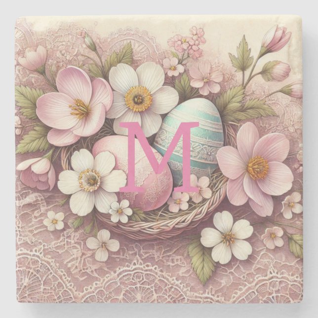 Monogram lace pink floral Easter eggs in a basket  Stone Coaster (Front)