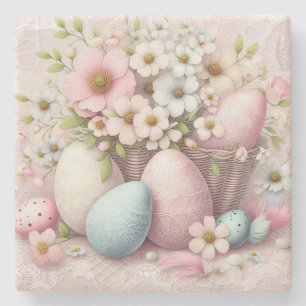 Monogram lace pink floral Easter eggs in a basket  Stone Coaster