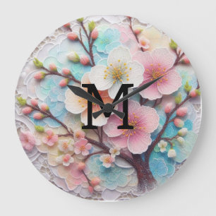 Monogram lace pink floral pastel cherry blossom large clock