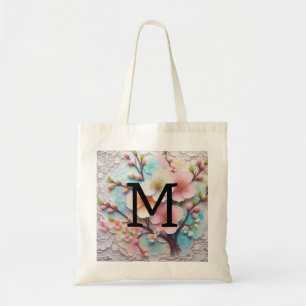 Monogram lace pink floral pastel cherry blossom tote bag
