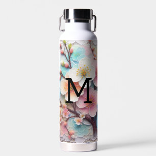 Monogram lace pink floral pastel cherry blossom water bottle