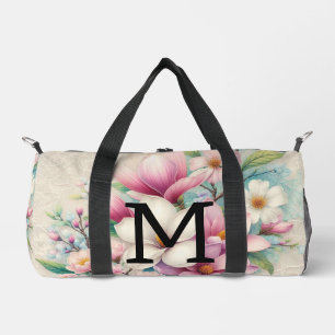 Monogram lace pink purple magnolias flowers duffle bag