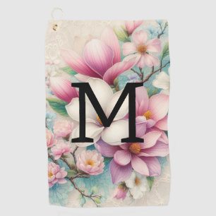 Monogram lace pink purple magnolias flowers golf towel