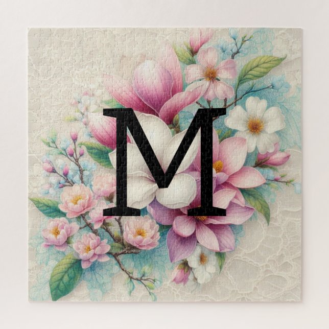 Monogram lace pink purple magnolias flowers  jigsaw puzzle (Vertical)