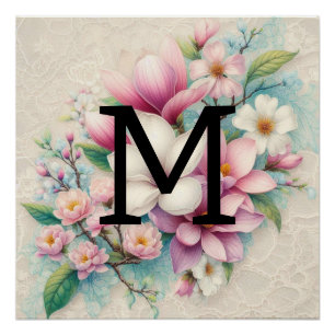 Monogram lace pink purple magnolias flowers poster