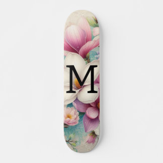 Monogram lace pink purple magnolias flowers  skateboard