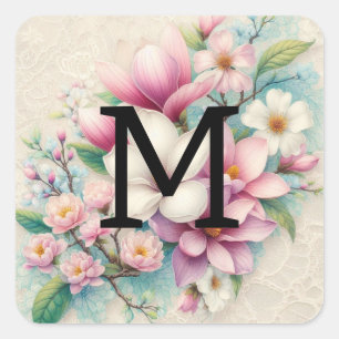 Monogram lace pink purple magnolias flowers  square sticker
