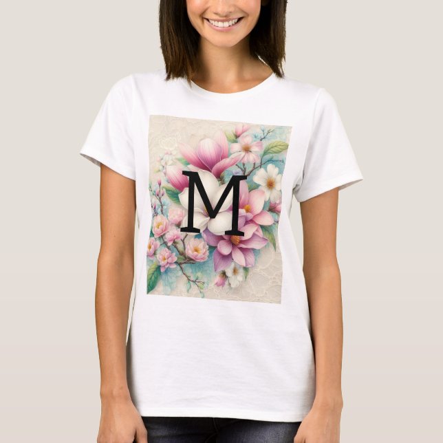 Monogram lace pink purple magnolias flowers  T-Shirt (Front)