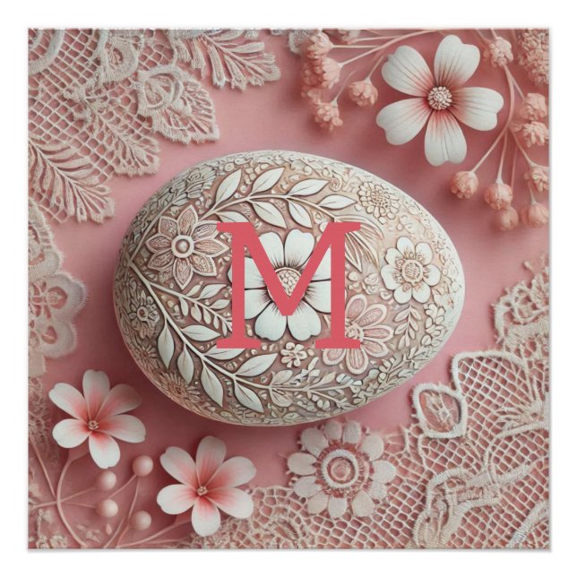 Monogram lace pink white floral Easter egg  Poster (Front)