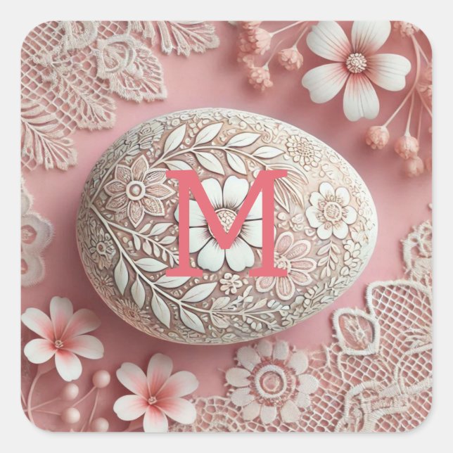 Monogram lace pink white floral Easter egg  Square Sticker (Front)