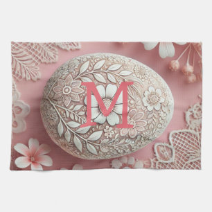 Monogram lace pink white floral Easter egg Tea Towel
