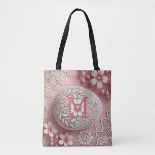 Monogram lace pink white floral Easter egg Tote Bag