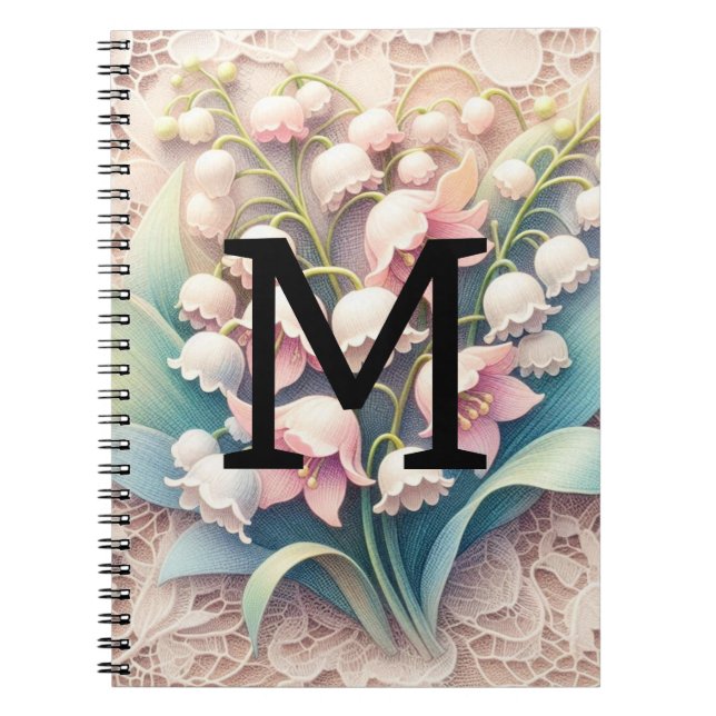 Monogram lace white lilies of the valley flowers  notebook (Front)