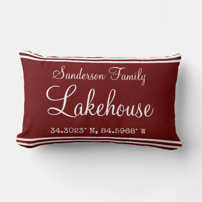 Monogram Lakehouse Family name map coordinates Lumbar Cushion (Front)