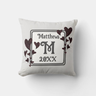 Monogram Last Name Initial Red Hearts Keepsake Cushion