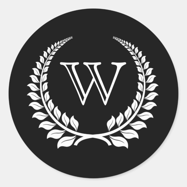 Monogram Laurel Black/White Classic Round Sticker (Front)