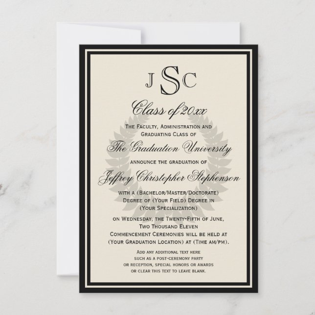 Monogram Laurel Classic College Graduation Invitation (Front)