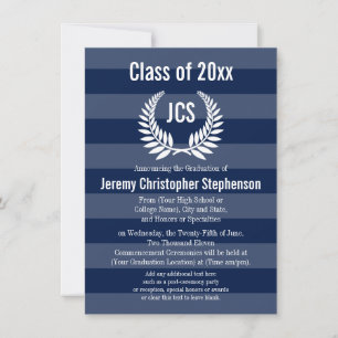 Monogram Laurel Masculine Blue Graduation Invitation