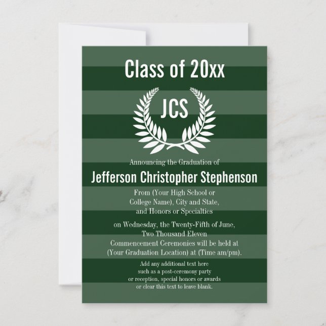 Monogram Laurel Masculine Green Graduation Invitation (Front)