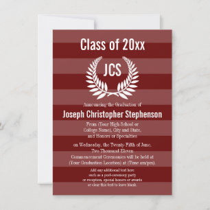 Monogram Laurel Masculine Red Maroon Graduation Invitation