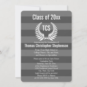 Monogram Laurel Stripe Grey Graduation Party Invitation