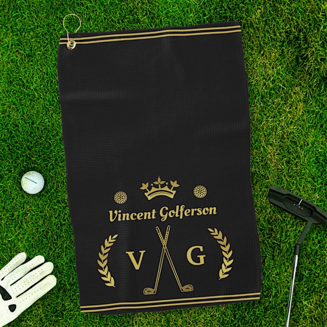 Monogram Laurel Wreath Clubs Crown with Name Gold Golf Towel (Creator Uploaded)