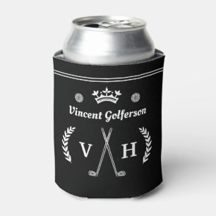 Monogram Laurel Wreath Golf Clubs Crown Name Black Can Cooler