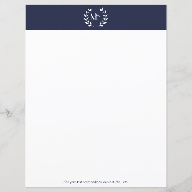 Monogram Laurel Wreath Navy Blue Paper (Front)