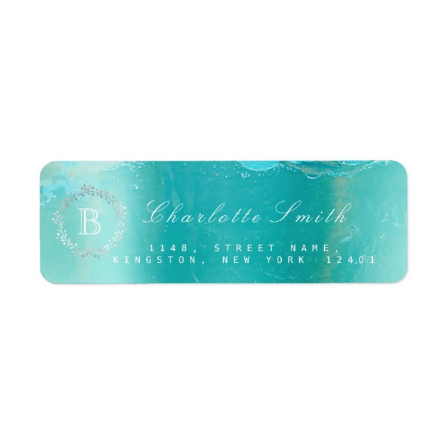 Monogram  Laurel Wreath Ocean Blue Return Address (Front)